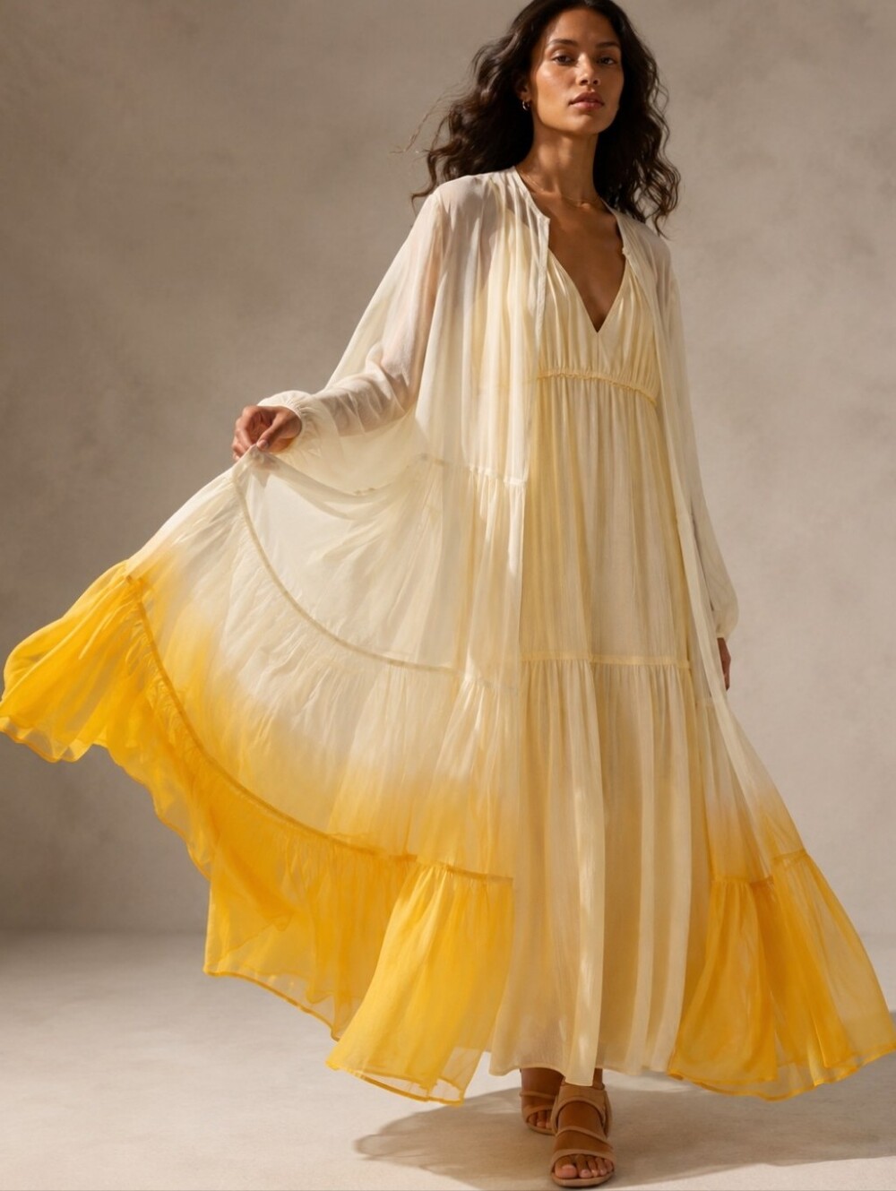 Anthropologie X Ombre Tiered Sheer Kimono Duster Sz One Size Yellow NIP$144